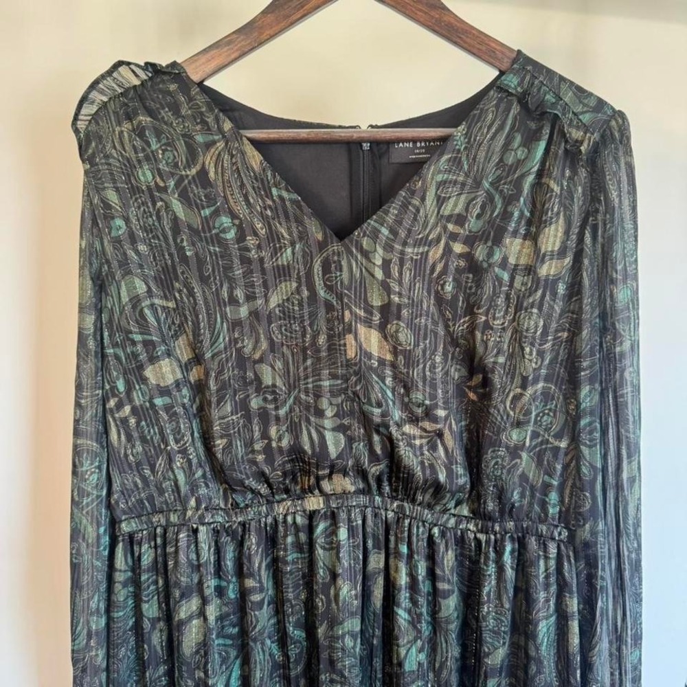 Lane Bryant Green and Gold Sparkly Maxi Dress with Long Sleeves and Belt Size 18